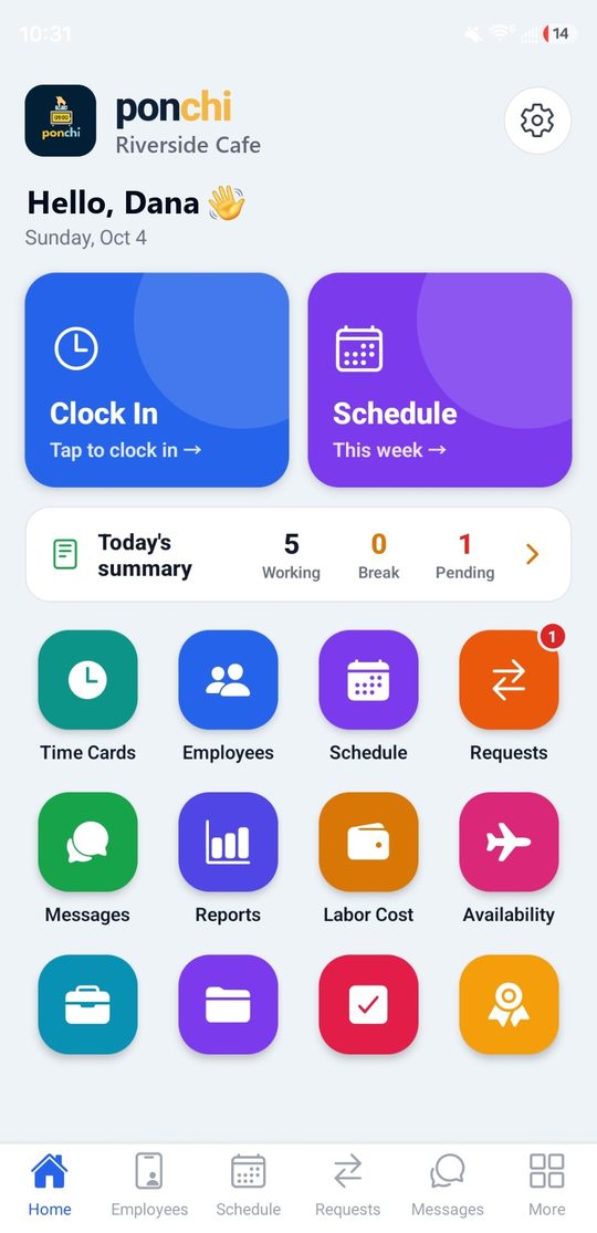 The Ponchi home screen for managers: time cards, employees, schedule, requests, messages and reports